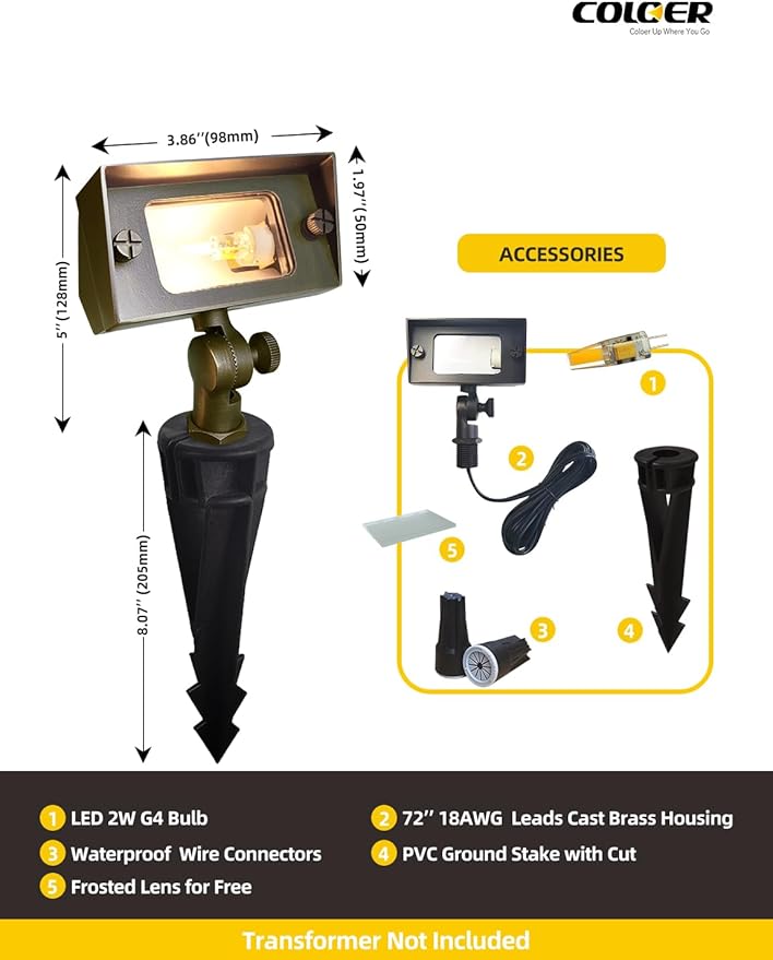 COLOER Brass Small Rectangular Flood Lights Outdoor with 3W 2700K Warm White LED G4 Bulb, 12V Low Voltage Landscape Outside Lights for House Illuminating Signs, Walls and Plant Material