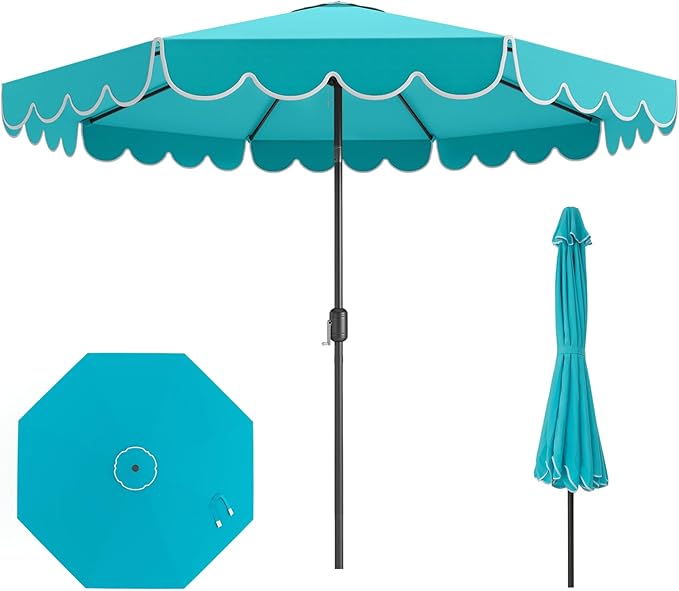 RELAX4LIFE 10 FT Scalloped Patio Umbrella, Market Table Umbrella with Push Button Tilt, Crank, 8 Sturdy Metal Ribs, Vented Top, Sun-Protective Ruffled Canopy, Heavy-duty Outdoor Parasol for Garden Poolside Deck