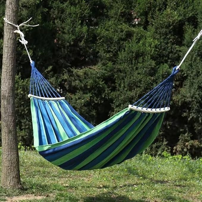 Outdoor Camping Hammock, 500lbs Portable Hammock with Tree Straps & Two Anti Roll Balance Beam, Camping Gear, Perfect for for Camping, Patio, Backyard, Blue-Green