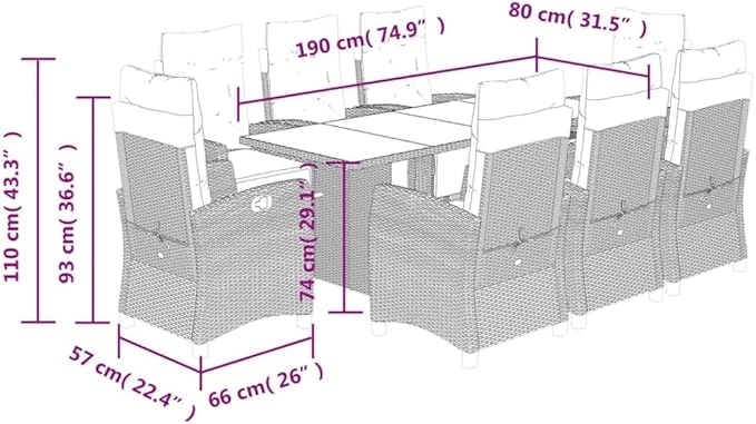 Backyard Furniture Patio Conversation Sets Outdoor Seating 9 Piece Patio Dining Set with Cushions Gray Poly Rattan Suitable for Gardens, Balconies, Decks