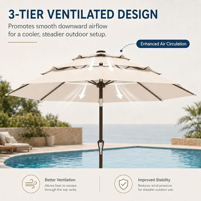 10ft Patio Umbrella, 3-Tier Vented Outdoor Table Umbrella with 8 Sturdy Fiberglass Ribs, Windproof Market Umbrella with Push Button Tilt and Crank, UV Protection for Deck, Pool, Beige
