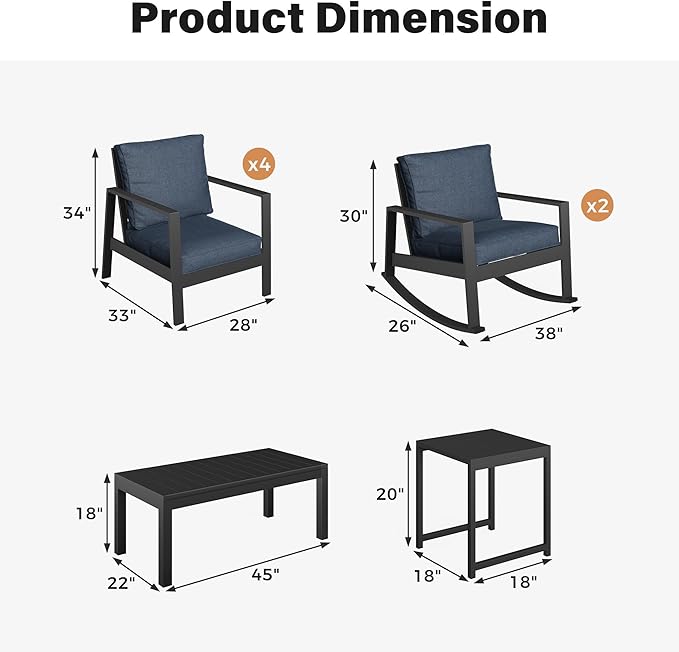 Solaste Aluminum Outdoor Furniture Set, 8-Piece Water-Resistant Patio Conversation Furniture Set, Metal Patio Sofa Set with Coffee Table for Backyard Poolside Garden, Blue