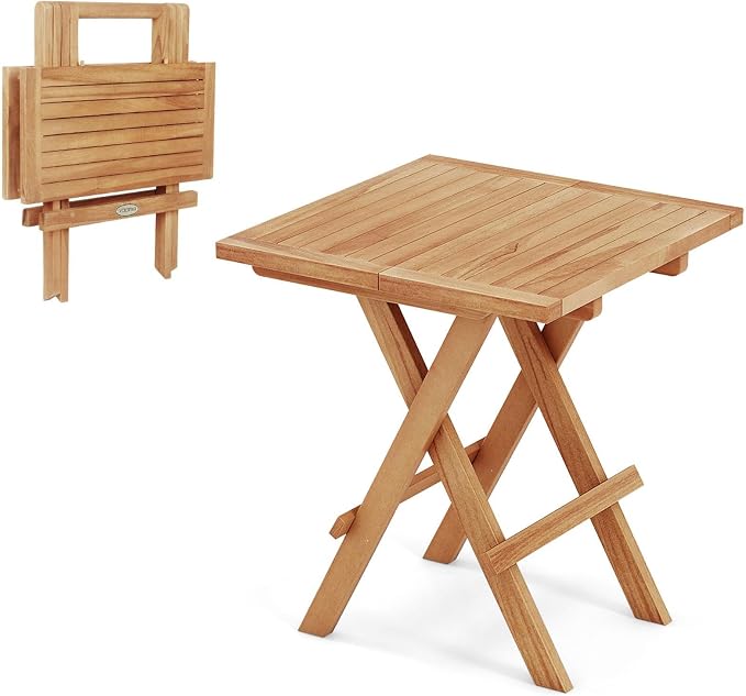 RELAX4LIFE Folding Outdoor Side Table - Teak Wood End Tables, 20'' Square Coffee Bistro Table w/Slatted Tabletop, Portable Picnic Camp Tables for Poolside Porch Garden, Foldable Small Patio Table