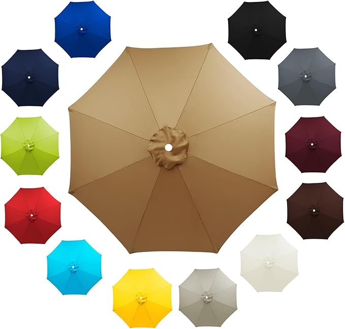 6 Ribs 8 Ribs Patio Umbrella Replacement Canopy 6.5ft 7.5ft 8.2ft 8.9ft 9.8ft 11.5ft UV Protection Waterproof Replacement Parasol Fabric Cover for Garden Outdoor Lawn(Khaki,7.5ft/8ribs)