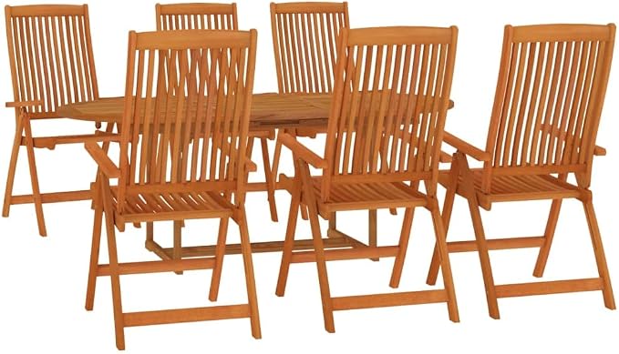 7-Piece Solid Eucalyptus Wood Patio Dining Set, Reddish-Brown | Includes 1 rectangular table and 6 chairs with a protective oiled finish, seating 6 people for backyard dining.