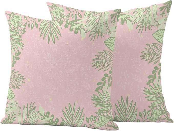 Outdoor Pillow Covers Set of 2, Watercolor Spring Green Leaves on Pink Decorative Throw Pillow Covers 16X16IN, Abstract Leaf Throw Pillows Protector Cushion Case for Patio,Couch,Sofa,Garden
