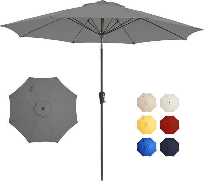 9FT Large Outdoor Patio Umbrella Pool Market Umbrella-UV Resistant, Easy Push Button Tilt and Crank, 8 Sturdy Ribs Heavy-Duty Table Umbrella for Deck, Backyard, Garden(Grey)