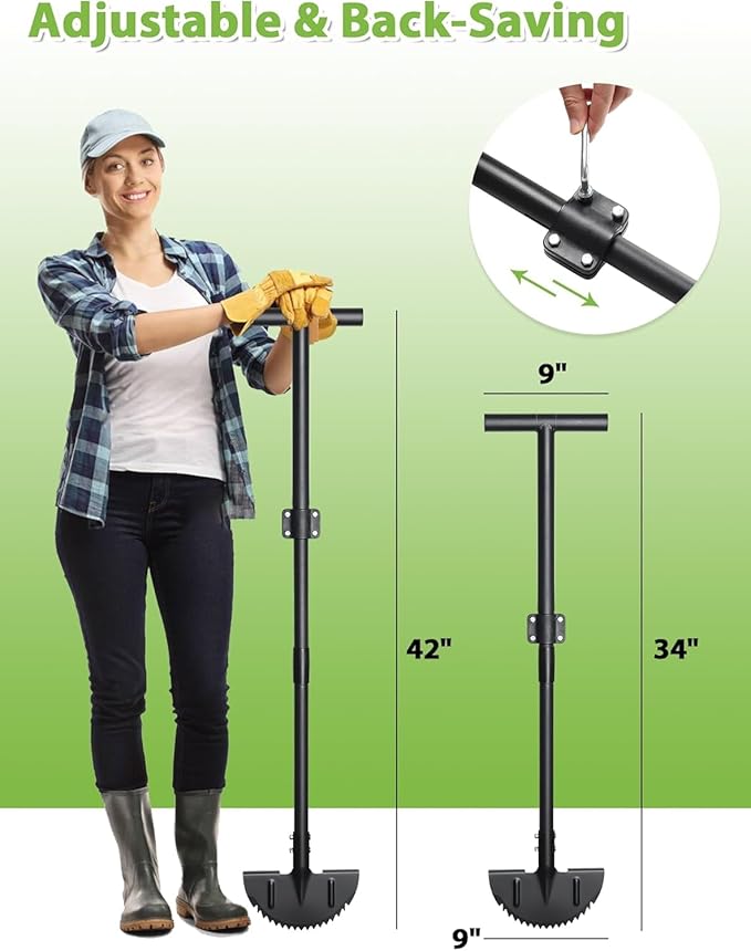 Half Moon Edger Lawn Tool, Saw Tooth Garden Edgers for Landscaping, Manual Edging Border Tools Heavy Duty with Sharp Balde, T-Grip, Wide Footplate, 38"-49" Adjustable Long Handle, Flower Bed Sidewalk