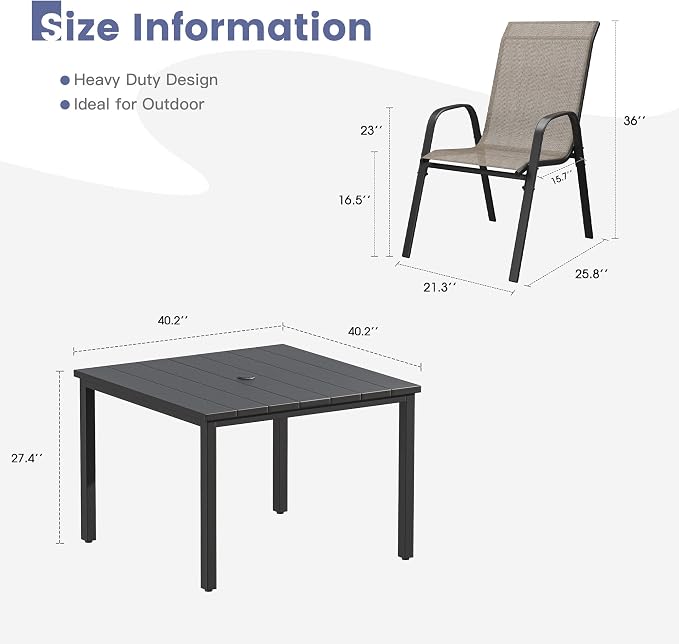 VICLLAX Square Outdoor Patio Dining Set, Metal Slatted Patio Table with Umbrella Hole and 4 Stackable Patio Chairs for Deck Lawn Garden, Brown Fabric and Black Tabletop