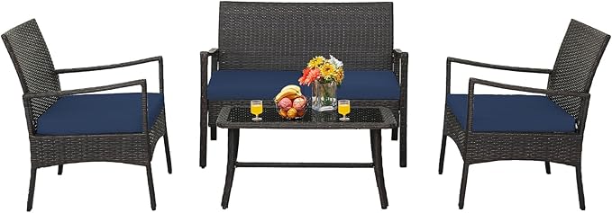 HAPPYGRILL 4-Piece Rattan Patio Conversation Set with Tempered Glass Coffee Table, Comfortable Wicker Loveseat & Chairs for Poolside, Courtyard, Balcony