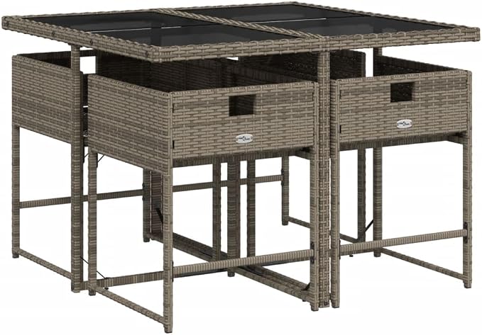5 Piece Patio Dining Set with Cushions Gray Poly Rattan Outdoor Porch Furniture Table and 4 Chairs with Tempered Glass Space Saving Foldable Design, UV Protected, Weatherproof Garden Backyard Deck