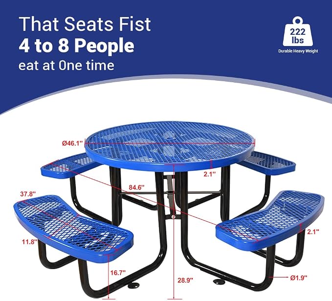 46" Thermoplastic Picnic Table with Umbrella Hole up to 1.5", Heavy Duty Commercial Picnic Table for Outdoor, Family & Party Ready for School Camping, Round, Blue