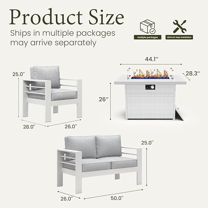 LayinSun Outdoor Aluminum Furniture Set, 4 Pieces Patio Sectional Conversation Chat Sofa Modern Seating Set with Coffee Table