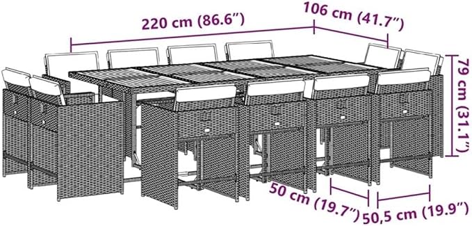 Afuera Living 12 Piece Poly Rattan Patio Dining Set, 41.7 x 86.6 x 28.7 in, Brown/Cream Finish, UV-Resistant Materials, Powder-Coated Steel Frame, Removable Cushion Covers, Outdoor Garden or Patio