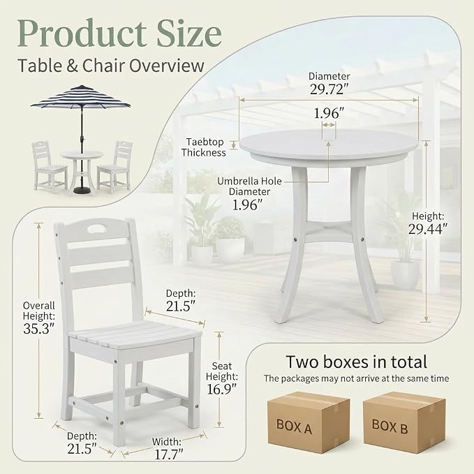 3-Piece Outdoor Round Table Set with Unberalla Hold, Patio Bistro Dining Set, Round Dining Table with 2 Slatted Chairs HDPE All Weather Balcony, Lawn, Poolside White