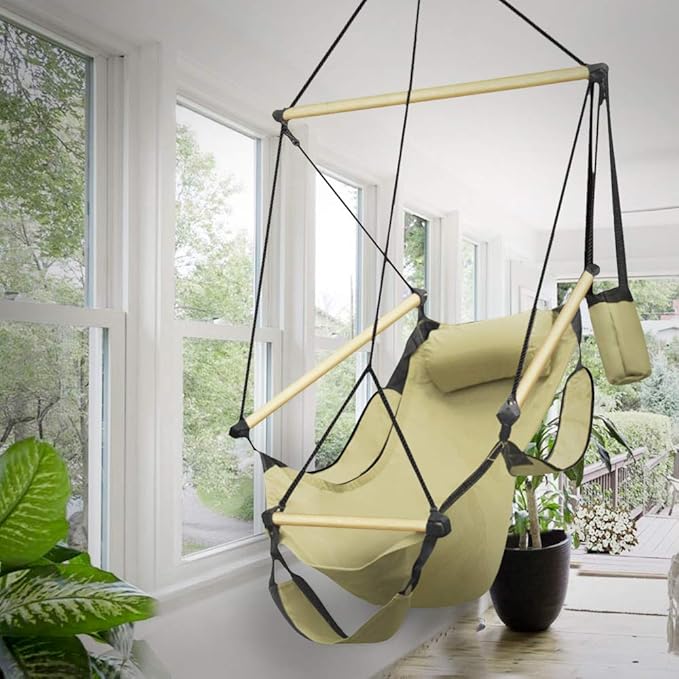Flexzion Hanging Hammock Air Chair Swing Lounger (Tan) Footrest Armrest Pillow Boho Canvas Hamic Chairs for Outside Outdoor Indoor Patio Porch Upgraded 350lbs, Solid Wooden Dowels, Portable Bag