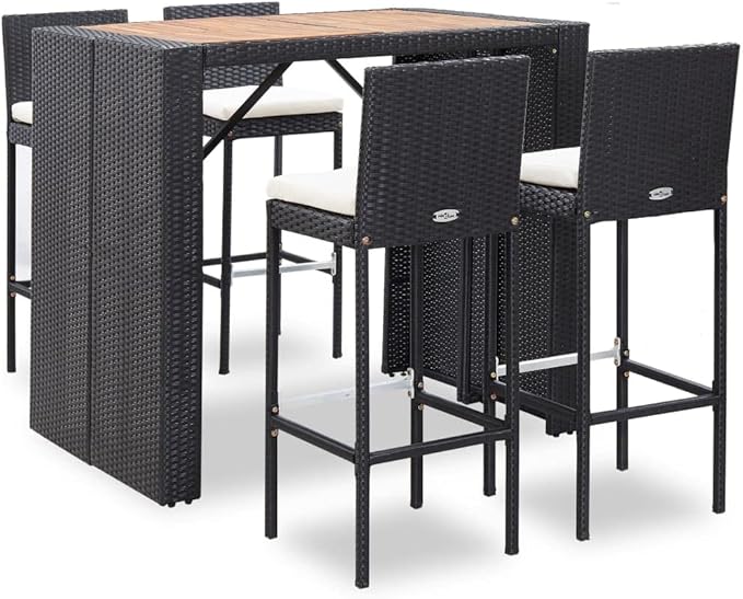 5 Piece Patio Bar Set,Conversation Patio Furniture Front Porch Chairs Outdoor Dining Set for The Patio, Deck, Front Porch, Poolside or Balcony Poly Rattan and Acacia Wood Black