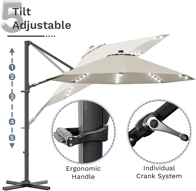 Devoko 10ft Solar LED Patio Umbrella, Round Cantilever Outdoor Umbrella with Solar Lights and 360-Degree Rotation, Large Hanging Offset Market Umbrella with Easy Tilt for Patio Deck Garden,Beige