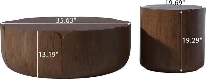 Round Outdoor Indoor Coffee Table Set, 2PC, 35.63" Modern Wood Grain Drum Center Table Set, Sturdy MGO Waterproof, No-Assembly, for Patio, Garden, Backyard, Living Room