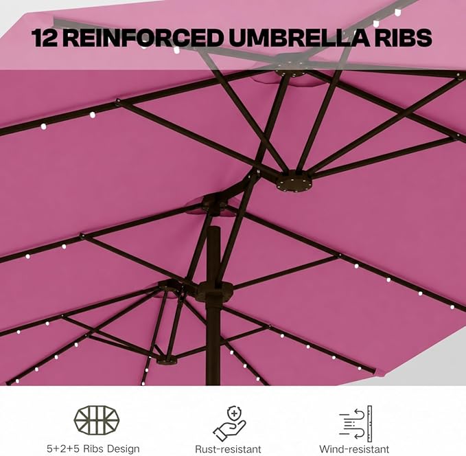 15ft Large Patio Umbrella with Solar Lights and Base, Double-Sided Outdoor Rectangle Umbrella with 48 LED Lights, Market Table Umbrellas with UV Resistant Canopy