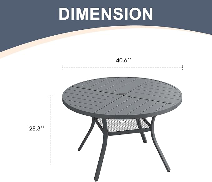 VICLLAX 40.6" Round Patio Dining Table for 4, All Weather Metal Outdoor Table with 1.57" Umbrella Hole and Storage Shelf for Garden Lawn Deck, Dark Grey