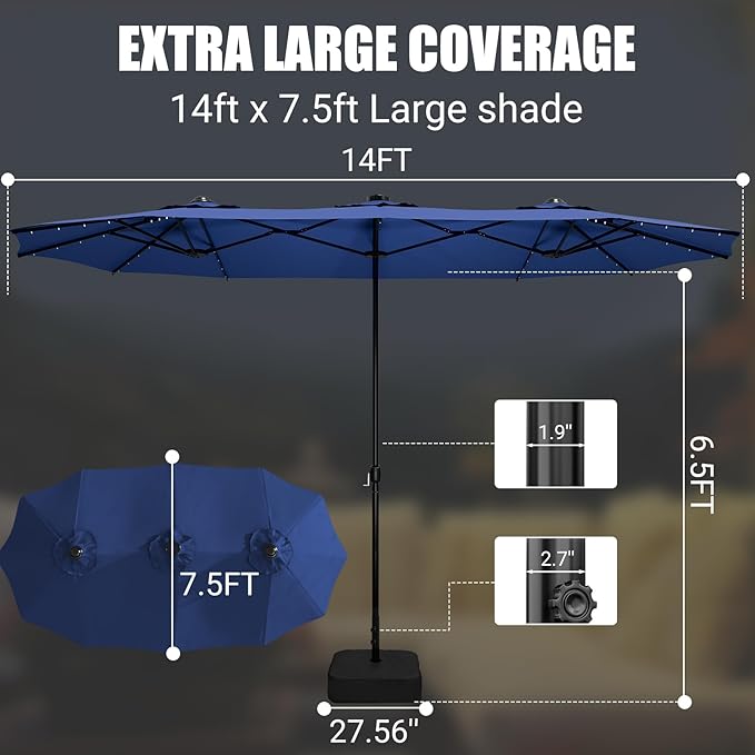 LEVELEVE 15FT Large Patio Patio Umbrella with Base & Solar LED Lights - Double-Sided,Blue