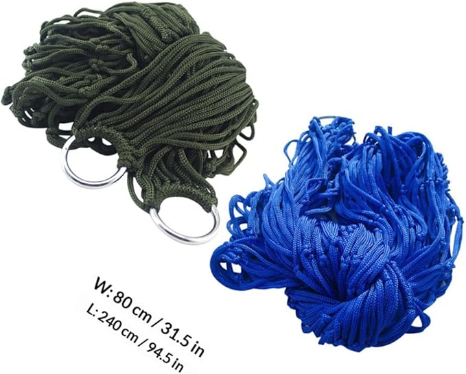 Happyyami 2pcs Outdoor Nylon Rope Hammocks Double Hanging Beds for Camping and Backyard Use, Foldable Sleeping Swing Hammocks in Blue and Army Green Random Color