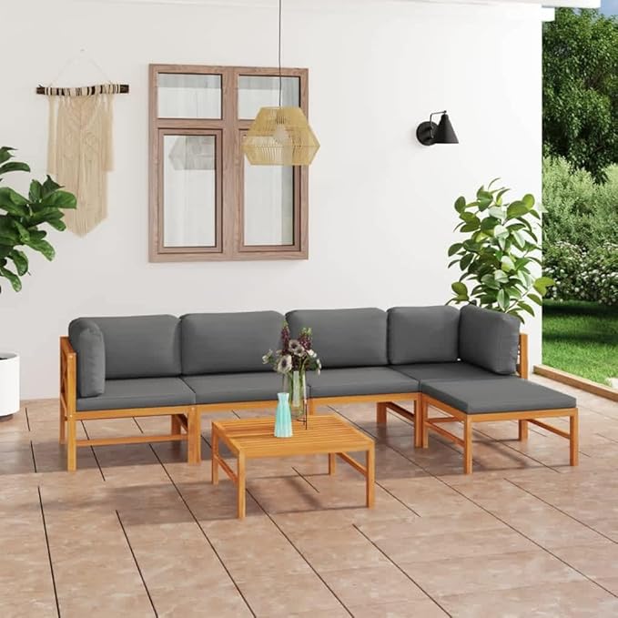 Backyard Furniture Patio Conversation Sets Outdoor Seating 6 Piece Patio Lounge Set with Gray Cushions Solid Teak Wood Suitable for Swimming Pool, Courtyard, Garden
