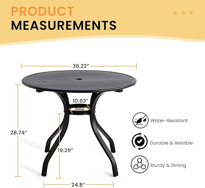 Patio Dining Table, 36" Patio Tables with 2.36'' Umbrella Hole, Outdoor Patio Table for Backyard, Garden, Black (36“ Round Table)