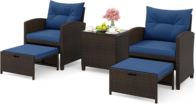 ORALNER 5 Pieces Patio Furniture Set with Ottoman, Wicker Conversation Set w/Cushions, Glass Coffee Table, Outdoor Rattan Lounger Chairs Bistro Set for Porch Balcony Garden Deck Poolside (Navy)