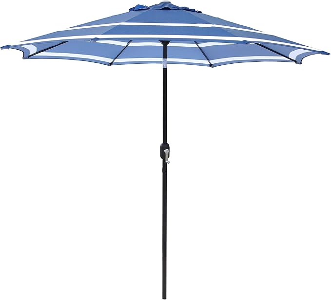 ABBLE Outdoor Patio Umbrella 9Ft Stripe Royal with Crank and Tilt - Market, Picnic, Pool, Garden, Deck, Backyard and Beach - Blue & White