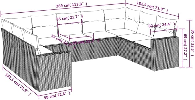 vidaXL Patio Sofa Set with Cushions 9 Piece, Outdoor Conversation Set, Sectional Sofa for Balcony Garden, Patio Furniture, Gray Poly Rattan