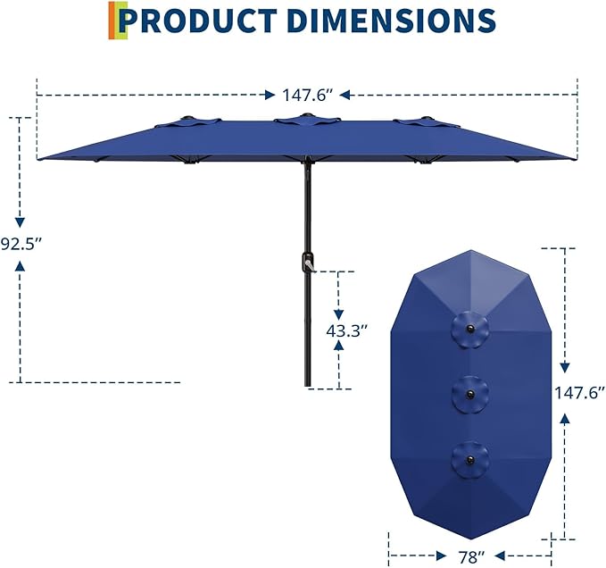 13FT Patio Umbrella, Outdoor Double-Sided Rectangle Market Umbrella with Crank Handle for Pool, Lawn, Garden, Backyard, Navy Blue