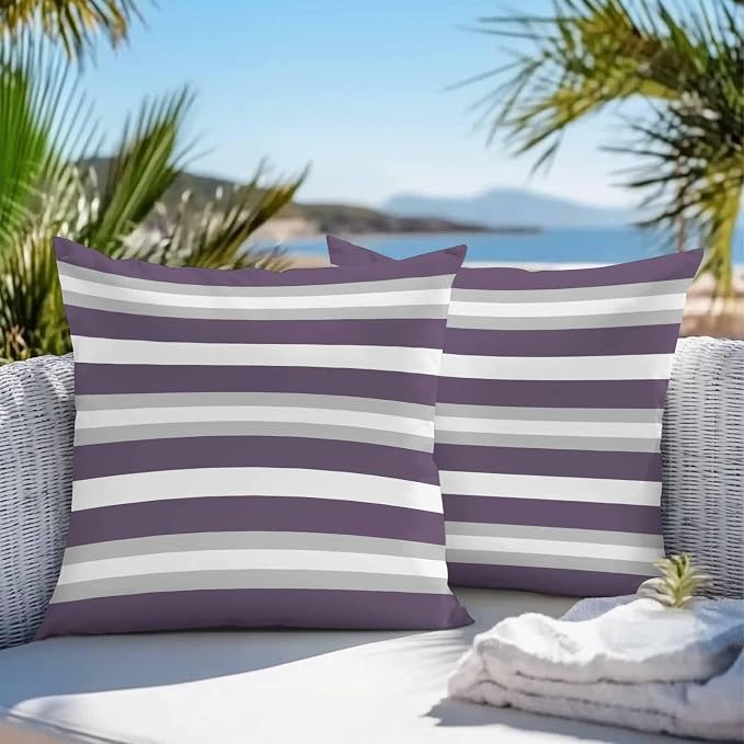 Throw Pillow Covers 16x16 Inch Set of 2, Purple Grey Stripe Waterproof Outdoor Pillow Covers, Minimalist Farmhouse Striped Decorative Cushion Pillowcases for Couch, Sofa, Bed, Garden, Patio