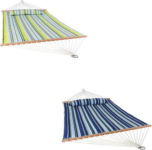 Sunnydaze Set of 2 Outdoor Quilted Fabric Hammocks - 2-Person Hammock with Spreader Bars - Catalina Beach and Blue/Green