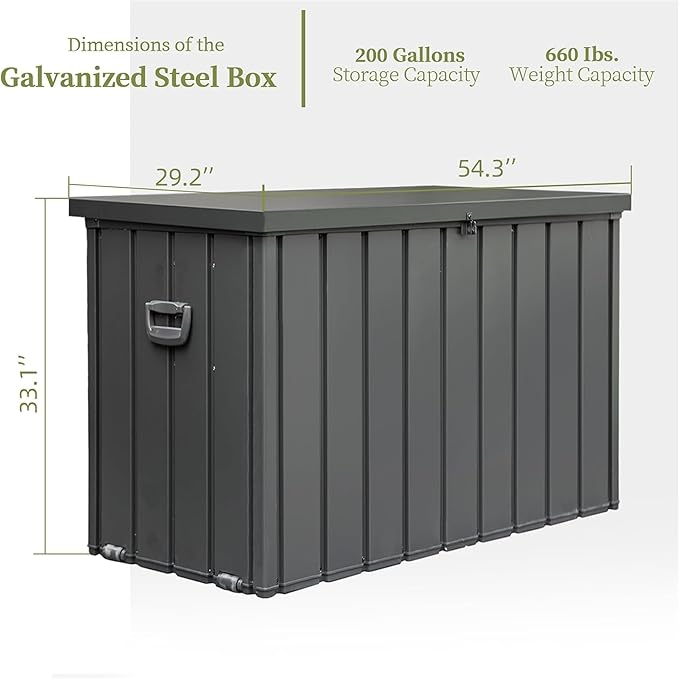 KUIKUI 200 Gallon Deck Box Waterproof, 200 Gallon Outdoor Storage Box, Metal Deck Box Waterproof for Pool Patio Cushions and Sports Pools Equipment, Dark Gray