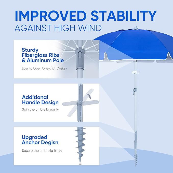 Tempera Heavy Duty High Wind Beach Umbrella with Sand Anchor & Carry Bag | Patio Outdoor Umbrella with Aluminum Frame and Push Button Tilt, Ideal for Travel Garden Lawn, UPF 60+