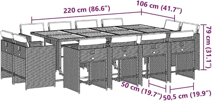 13 Piece Outdoor Dining Set with Cushions, Gray Poly Rattan Patio Furniture Set for 12, Folding Chairs, Acacia Wood Table for Backyard Garden