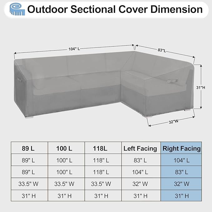 OutdoorLines Waterproof Outdoor Patio Sectional Cover - UV Resistant & Windproof L-Shaped Patio Furniture Covers for Deck, Lawn and Backyard, 420D Heavy Duty Couch Cover, Right Facing, 104"x83", Grey
