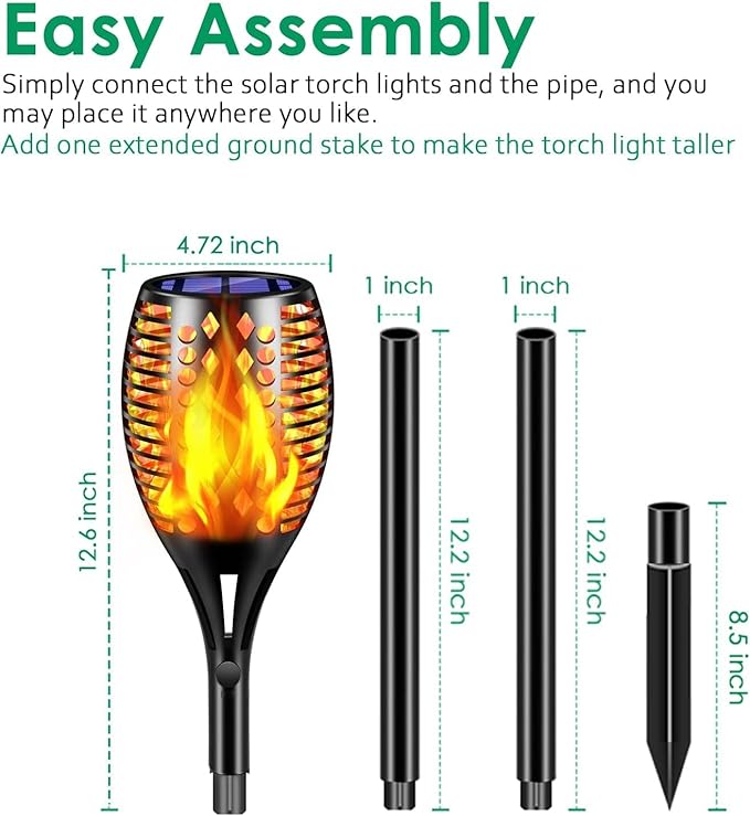 TomCare Solar Lights, 43" Waterproof Flickering Flames 96 LED Torches Outdoor Landscape Decoration Lighting Auto On/Off Pathway Lights for Garden Patio Yard, Black(2)