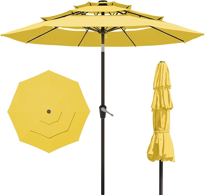 PatioKingdom 9ft 3-Tier Patio Market Umbrella with Crank/Tilt, Commercial Heavy Duty Wind Proof,Outdoor Table Umbrella with 8 Fiberglass Ribs,UPF50+ for Deck,Pool,Garden,Backyard (Yellow)
