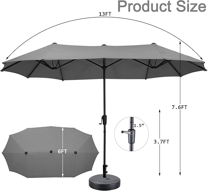 13 ft Patio Umbrella with Base, Large Rectangle Outdoor Umbrella with Matching Stand, Strap, Crank, Grey