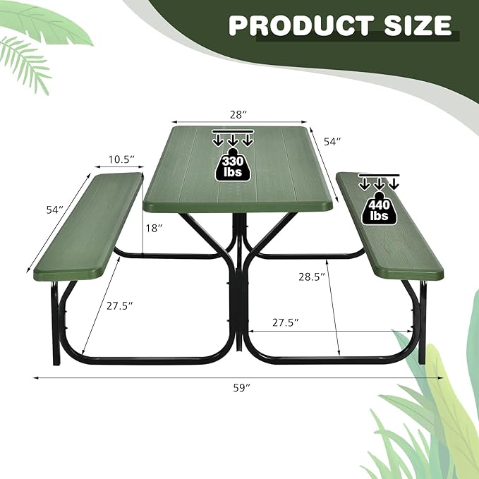 S AFSTAR Picnic Table Bench Set, 59” Expanded Rectangular Picnic Table, Outdoor Table and Bench W/Steel Frame & Wood-Like Texture Tabletop, Camping Table Chair Set for Garden Patio Lawn Deck (Green)
