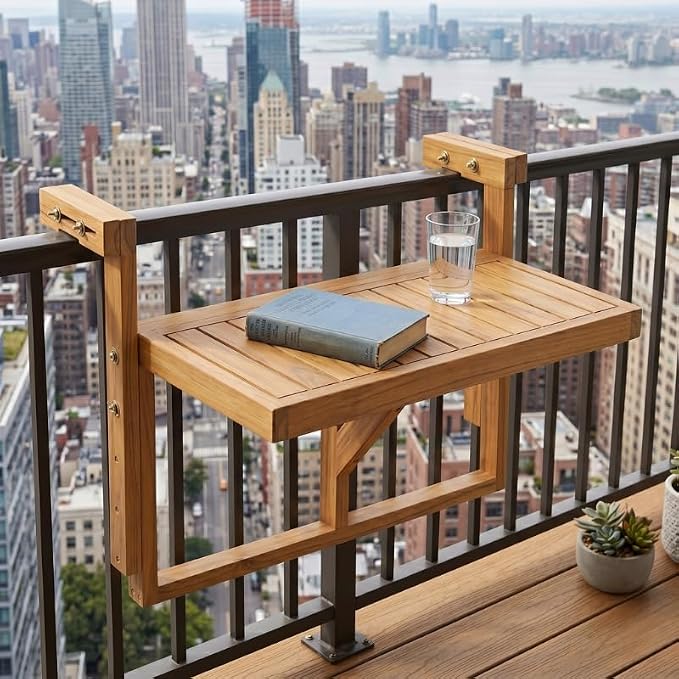 Acacia Wood Balcony Hanging Table – Stable Fixed Outdoor Railing Table – Weather-Resistant White Finish – Adjustable Mounting for Small Balcony, Patio, and Porch (Natural Wood - 1pc)