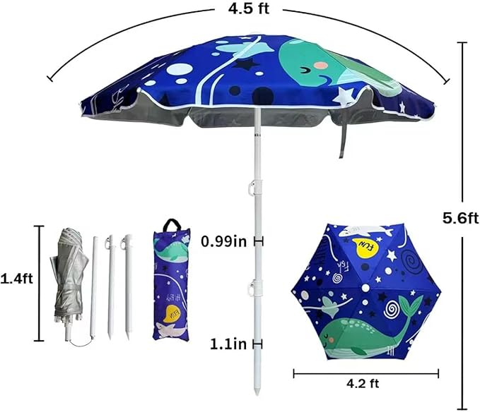LOTTAFUN Water Table Umbrella Kid 5ft Beach Umbrella Diameter 0.99-1.2 Inches Pole UV 50+ Portable Sun Shade with Sand Anchor & Carry Bag, Outdoor Folding Umbrella for Beach,Pool,Patio,Garden (Dophin)NO Tilt The sand needs to be over 5inches above the ...
