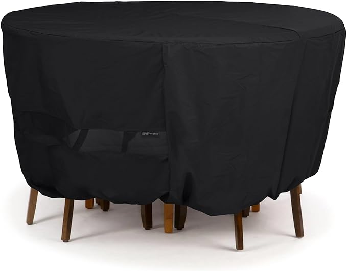 Covermates Classic Round Patio Dining Table and Chair Set Cover – All-Weather Outdoor Furniture Protection, Water-Resistant Vinyl, Elastic Hem, Mesh Vents, 60DIAMETER x 30H, Black