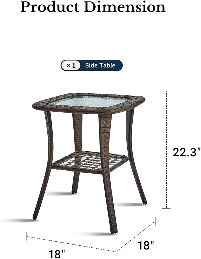 HILLGA Outdoor Patio Side Table with Spacious Nested Tempered Glass Tabletop and Storage Shelf (Brown)