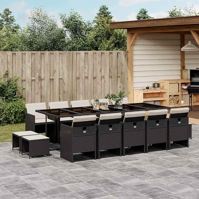 15-Piece Garden Dining Set, Foldable Outdoor Patio Furniture, PE Rattan Table and Chairs for Backyard Balcony, Black