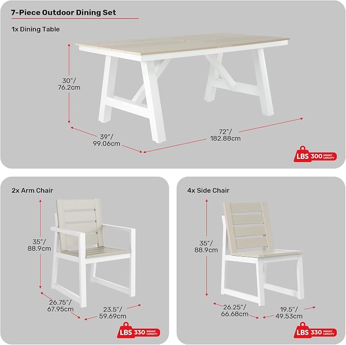 Costaelm Stinson 7-Piece Outdoor HDPE Patio Dining Table Set with Umbrella Hole & Dining Chairs for 6, Sand