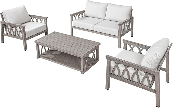 Aluminum Patio Conversation Set, 4-Piece Outdoor Sofa Set with Loveseat, 2 Armchairs, and Coffee Table, Outdoor Patio Furniture Set with Thick Cushions for Backyard, Balcony, Lawn, Limed Oak